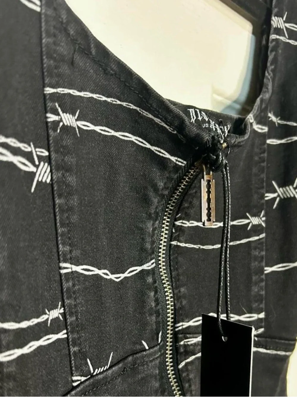 Disturbia Black Dress with White Barbed Wire Print and Front Zip - Picture 4 of 5